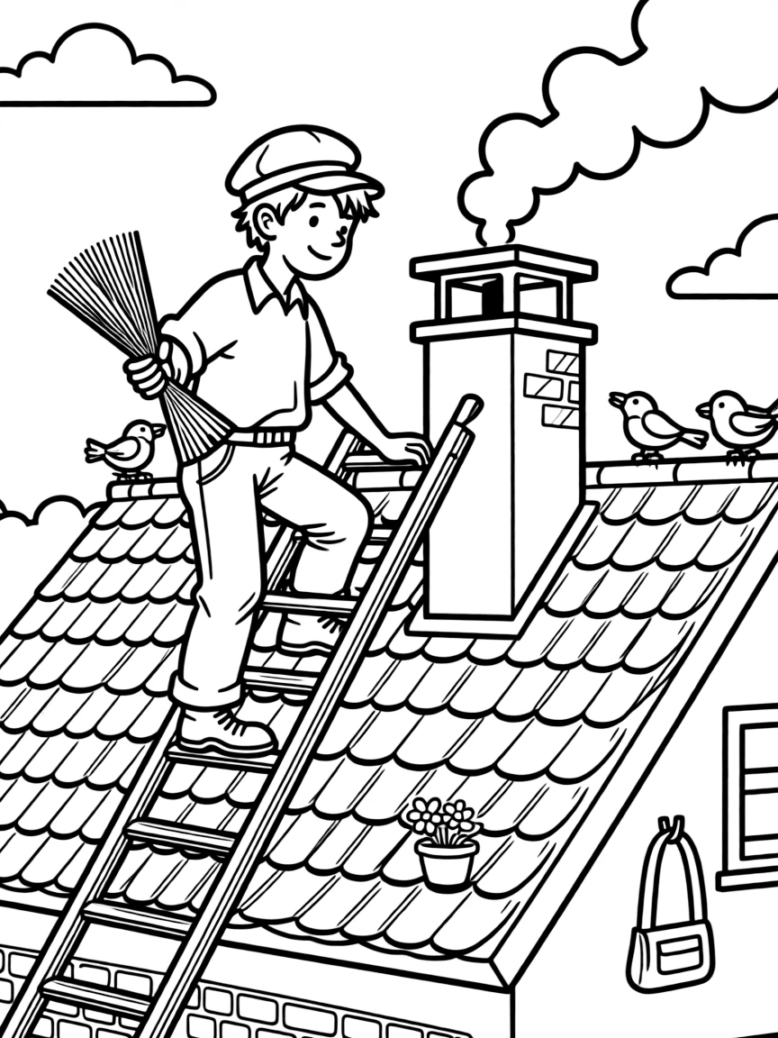 A chimney sweep climbs onto a rooftop with brushes to clean a smoky chimney.