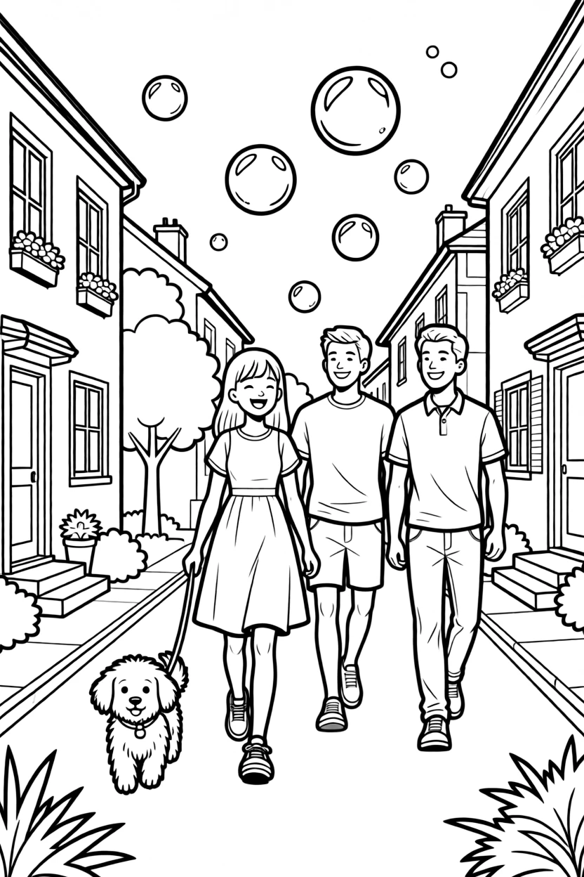 A tall girl walking the dog around the block with two dads as soap bubbles float upward.
