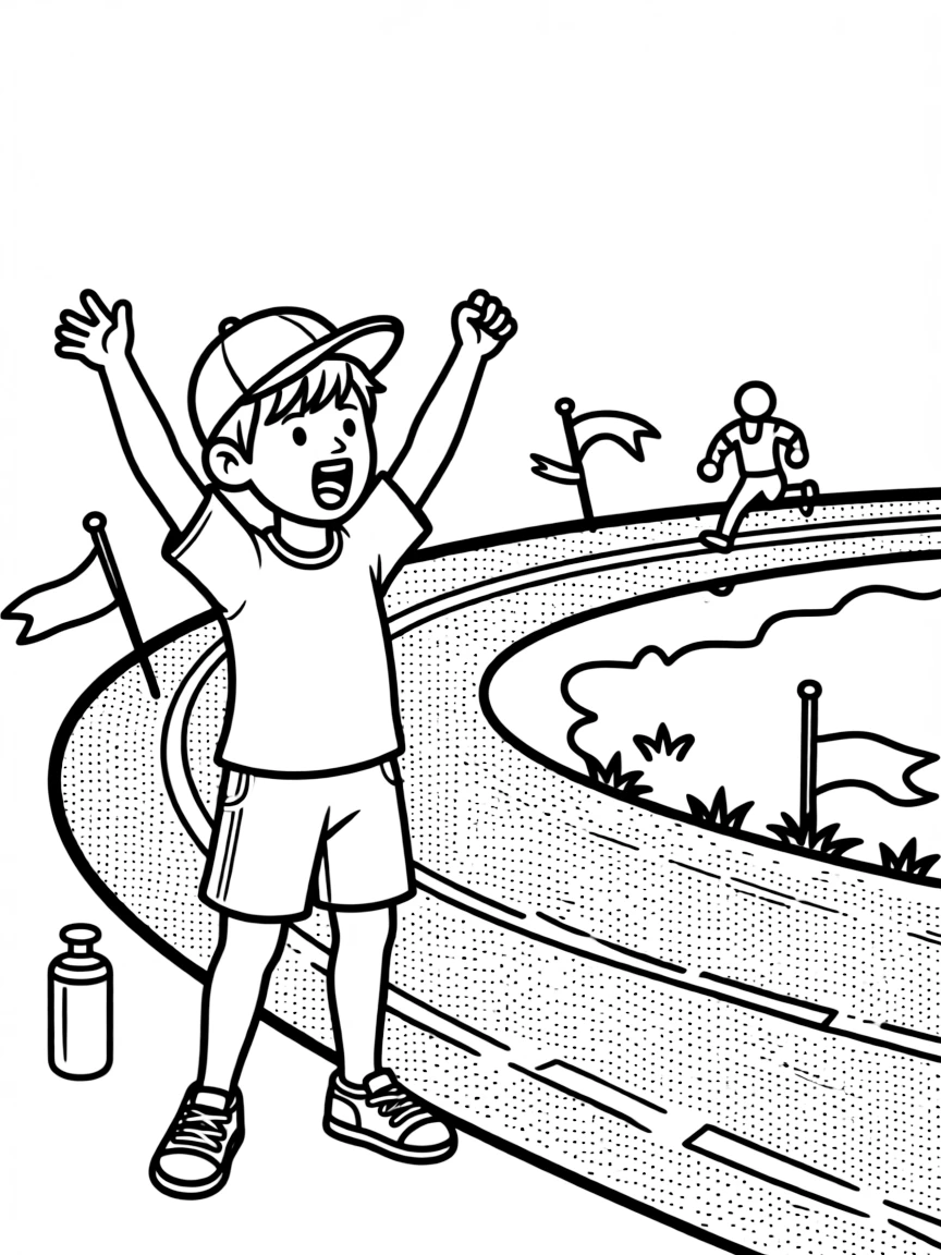 A confident boy wearing a bright cap, cheering loudly for a teammate rounding the final curve of the track.