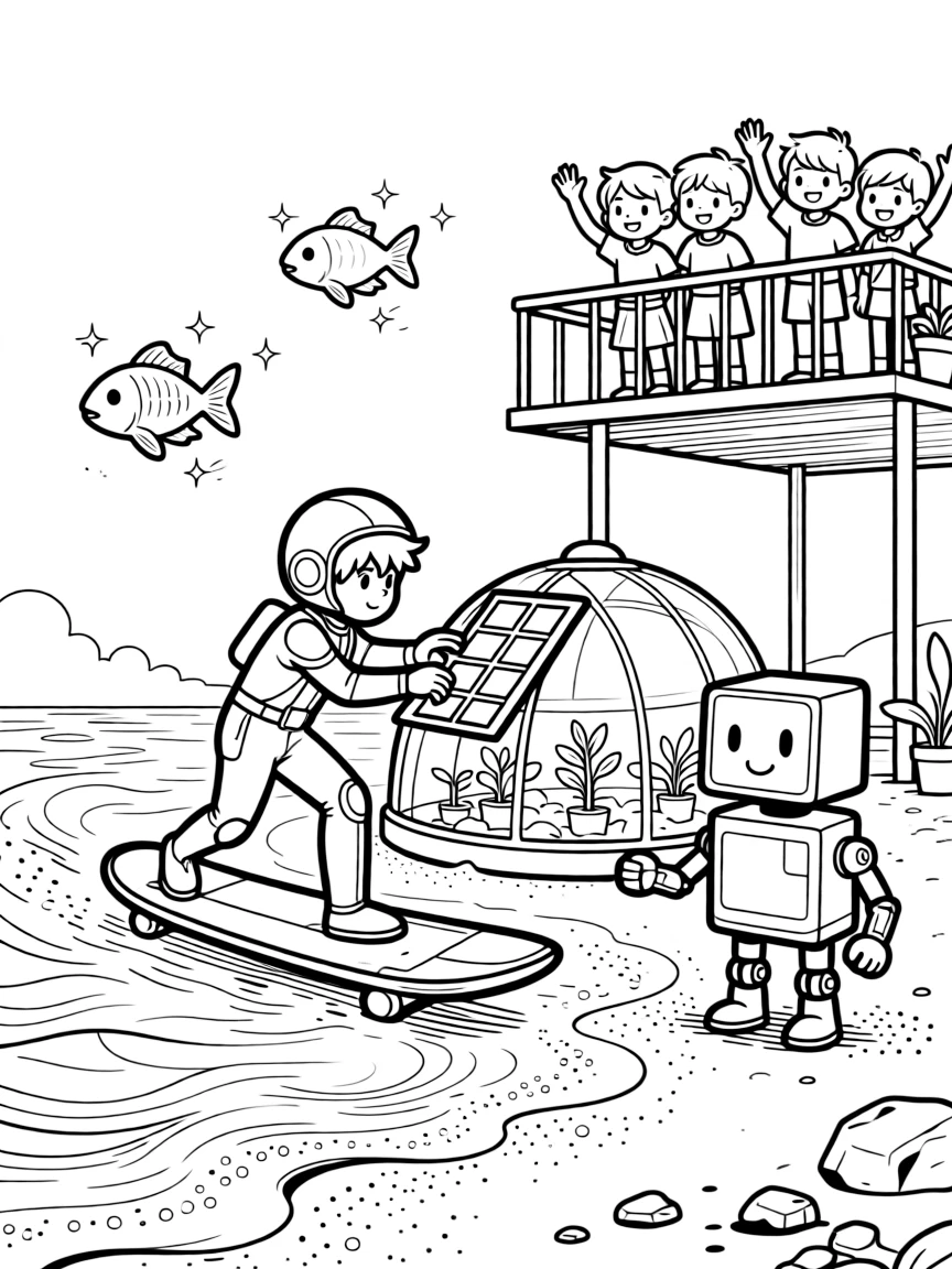 Pilot Circuit zooming along on a gravity board grafting a new solar panel onto a robot farmer's greenhouse, in a beach on a red planet with waves of shimmering dust, with a school of glowing space fish swimming through the air and a group of kids waving from a nearby observation deck nearby.
