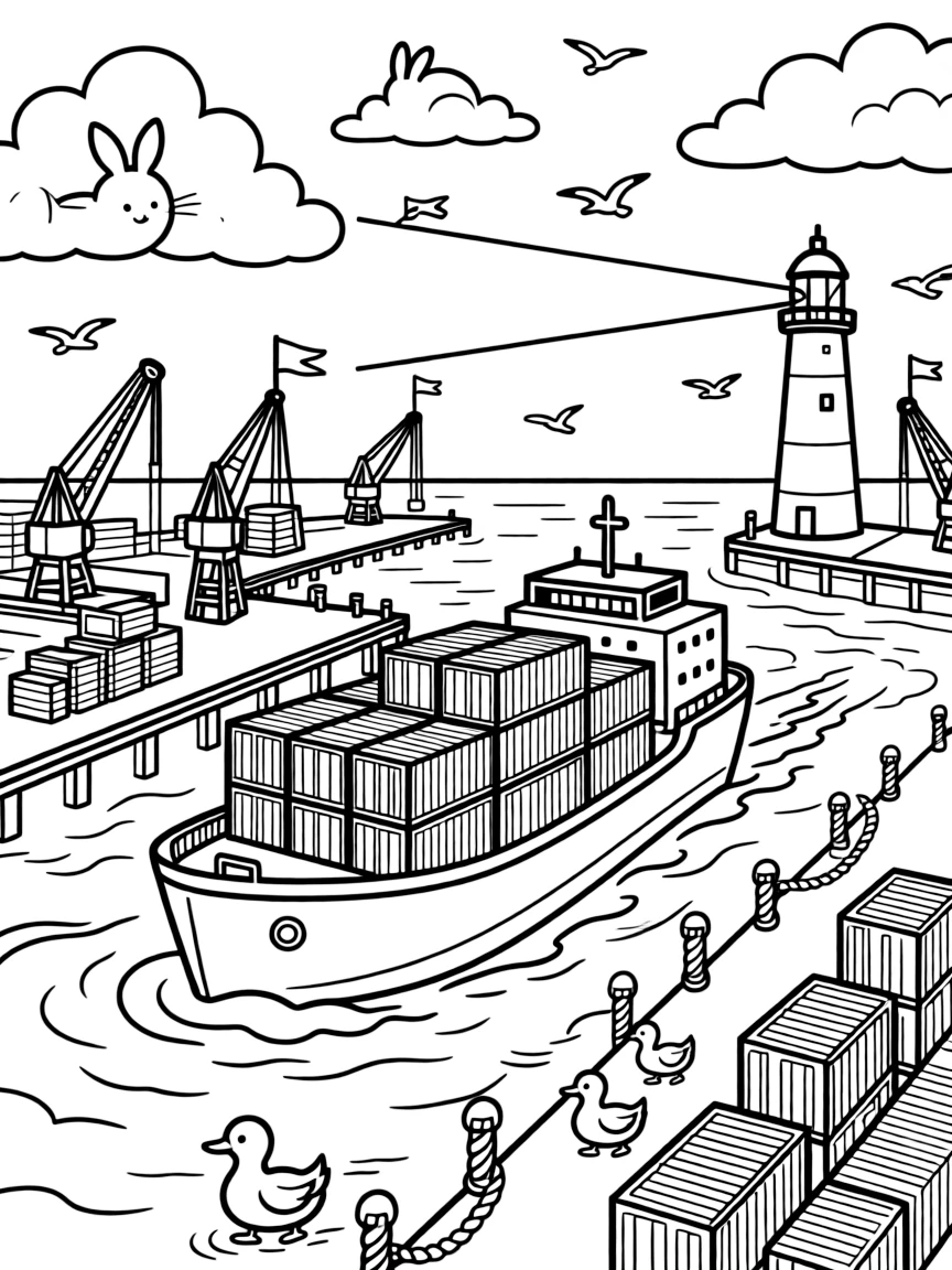 This page centers on a stacked cargo container ship gliding into harbor exploring a busy harbor lined with docks, cranes, and stacked crates, featuring a family of ducks waddling alongside and little extras like fluffy clouds shaped like animals drifting overhead and a lighthouse beam sweeping across the water.