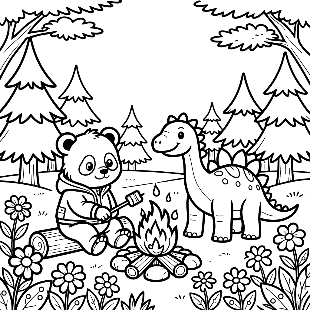 A panda cub roasting marshmallows by a campfire with a friendly stegosaurus in a snowy pine forest, near a field of wildflowers, as dewdrops sparkle on the leaves.