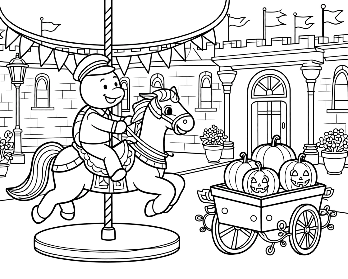 Spunky and full of excitement, a sea turtle sailor spends the day riding a carousel horse that has come to life at a royal castle courtyard decorated for a festival. Nearby, a wagon overflowing with glowing pumpkins adds to the fun. It's a perfectly wonderful, magical moment.