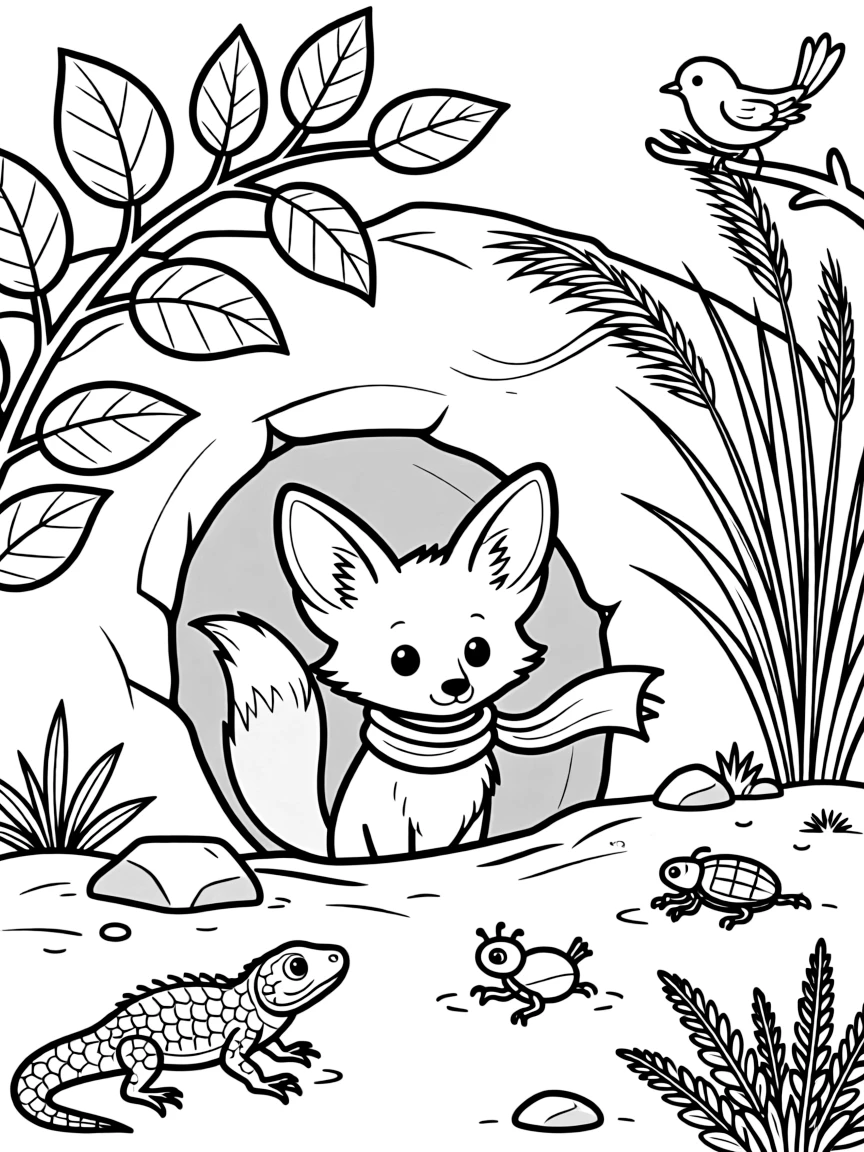 A coloring page spotlighting a fennec fox peeking out from a desert burrow in Tunisia, framed by leafy branches, tall grass, and a few playful smaller creatures nearby.