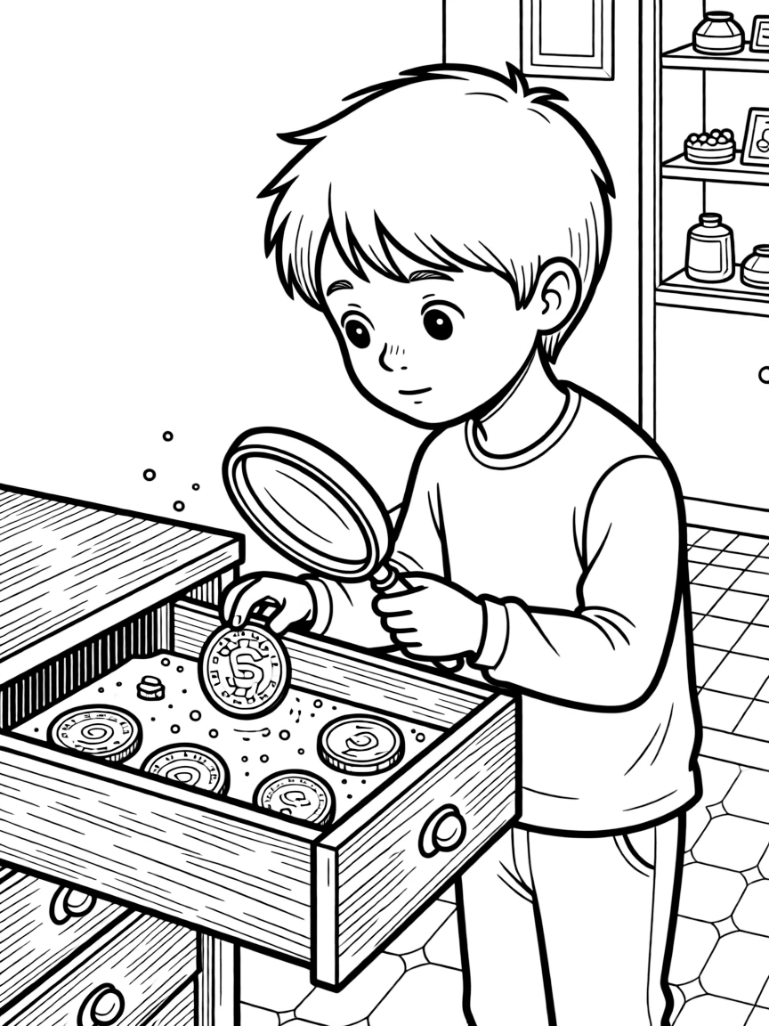 a shy young boy holds a magnifying glass over an old coin found in a dusty museum drawer.