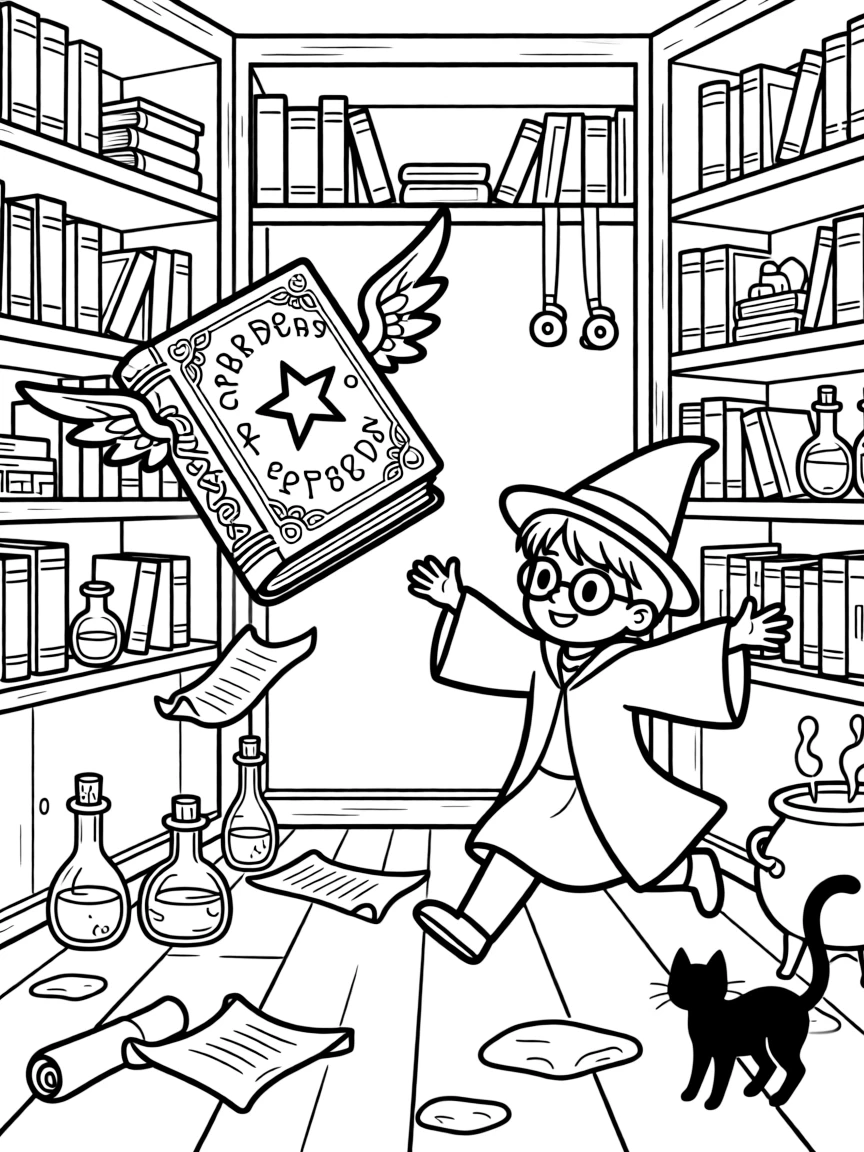 A wizard's spellbook grows a pair of tiny wings and flutters away from its shelf, leading its owner on a chase.