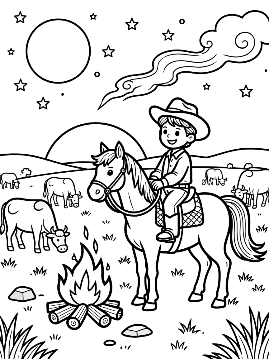 [Cowboys] A dynamic scene shows a cowboy resting by a campfire watching a sunset from horseback beside a campfire under the stars, laughing joyfully. Close by, cattle graze peacefully nearby. A wide-brimmed hat shades the rider's face. The moment unfolds under a full moon, with dust kicked up by the wind, filled with energetic detail perfect for a young colorist.
