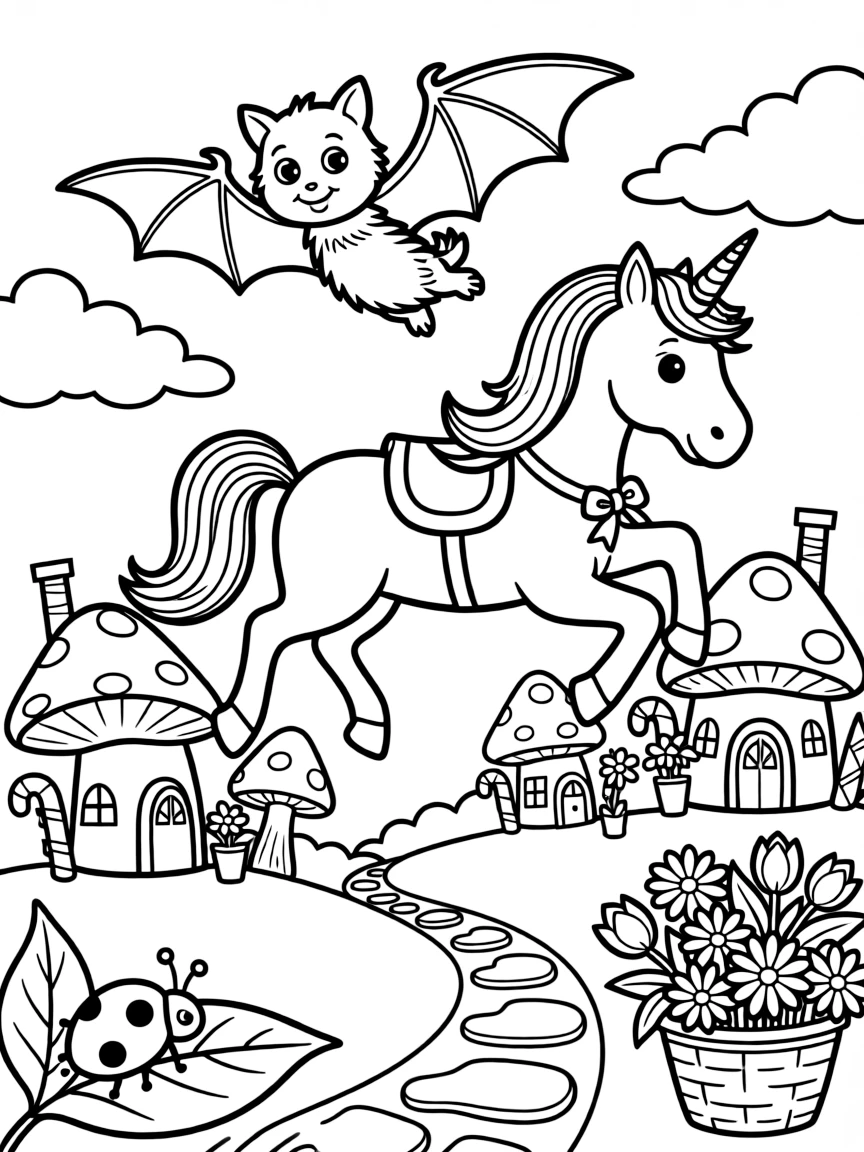 A friendly little bat with big round eyes is flying through fluffy clouds on a friendly unicorn inside a candy-colored fairy village. Just beyond, a curious ladybug resting on a leaf and a basket brimming with fresh flowers complete the joyful scene.