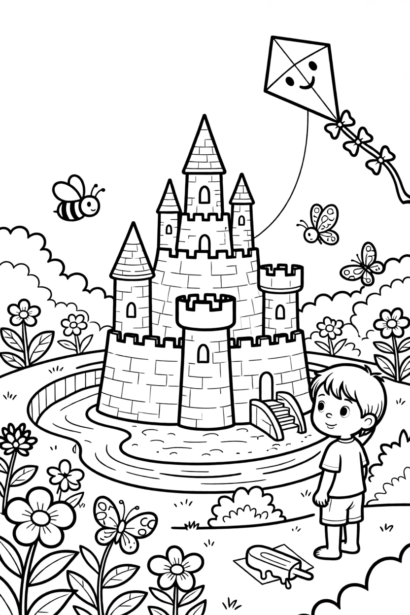 An elaborate sandcastle with towers and a moat in a garden buzzing with bees and butterflies, while a shy toddler taking it all in looks on nearby, a kite soaring high overhead and a popsicle melting in the sun completing the scene.