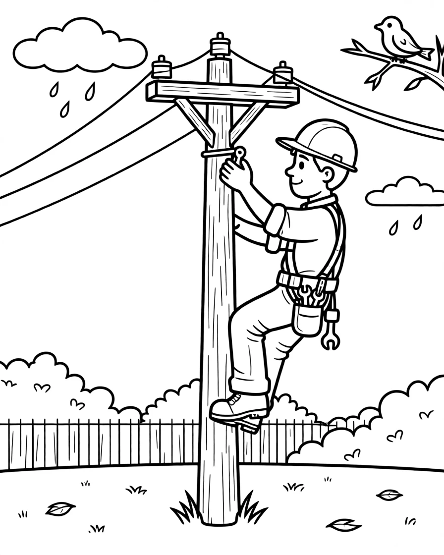 A power company lineman climbs a utility pole to fix a wire after a storm.