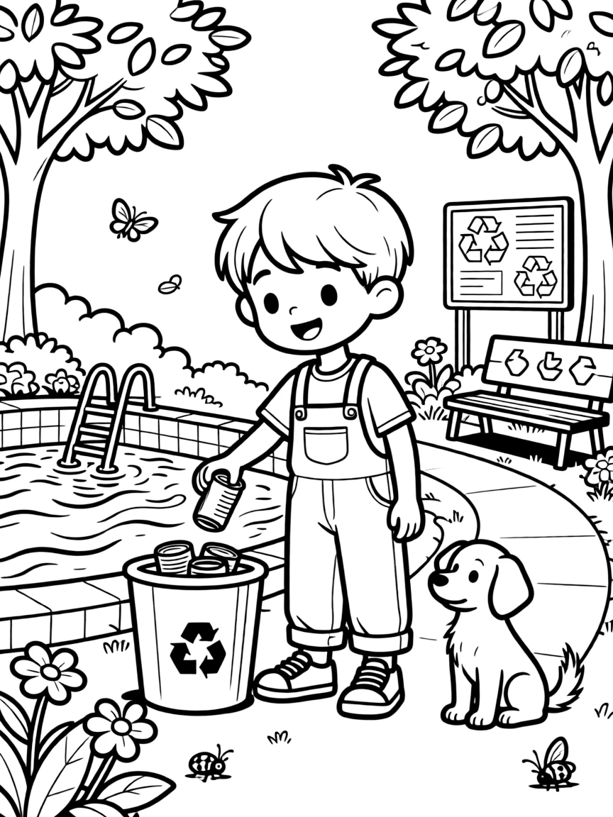 A boy in overalls collecting cans for recycling at the community pool as a curious puppy watches.