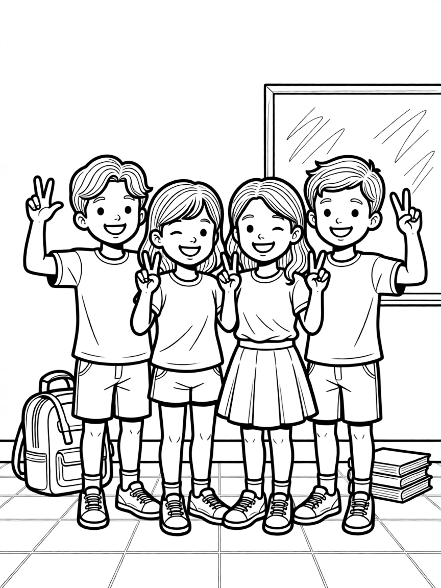 A group of classmates, holding up four fingers to celebrate finishing in fourth place with a smile.