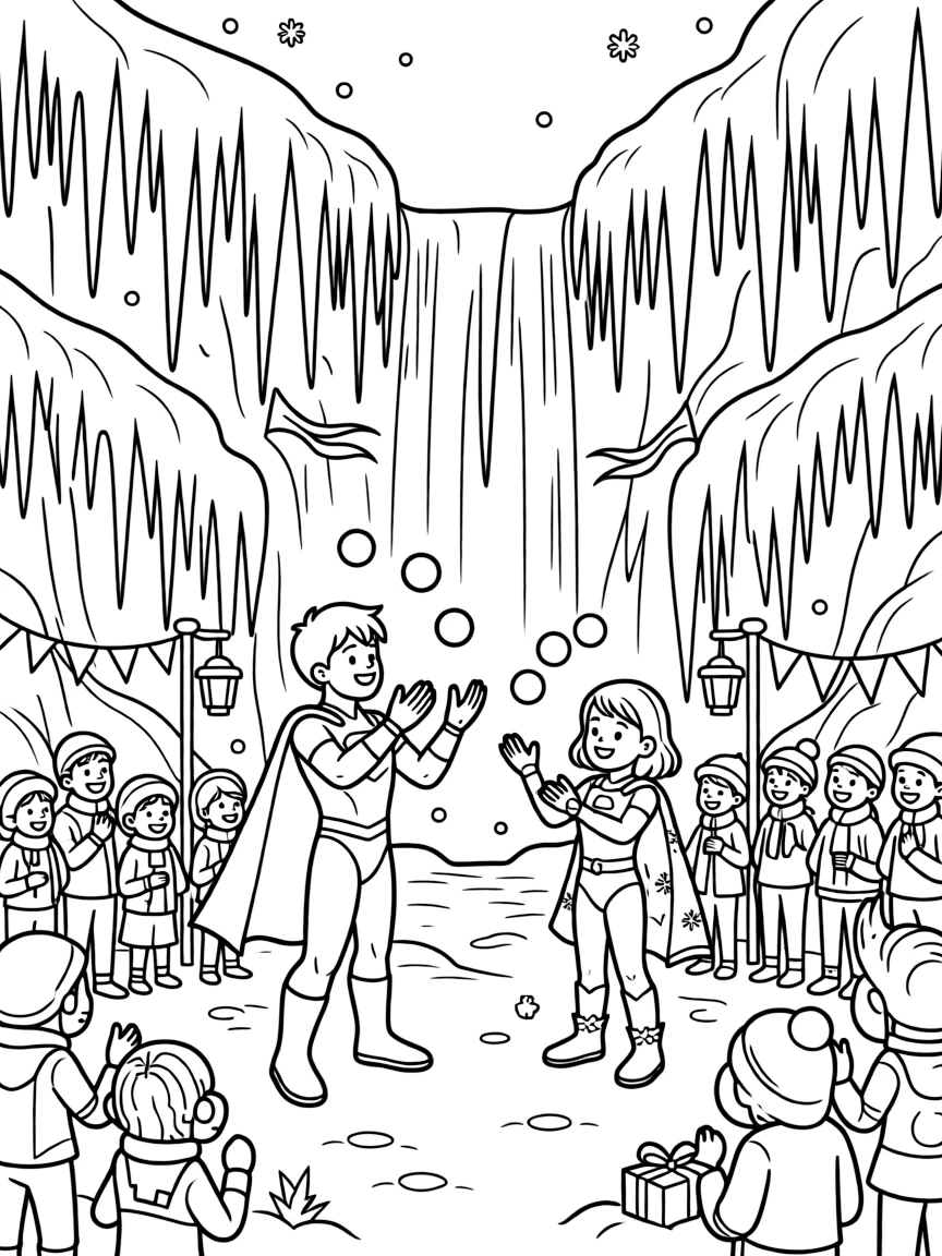 In a frozen waterfall planet with rainbow-colored ice, twin superhero siblings Orion (super-strong) and Miko (ice-powered) practicing juggling with tiny floating orbs of light, while a cheerful crowd gathered for a festival adds to the excitement.