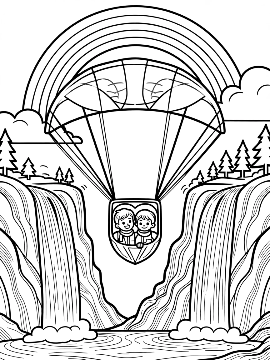 A big, friendly a colorful paraglider drifting above a mountain ridge rolls through a national park with towering waterfalls and rocky cliffs, with twin siblings pressing their faces to the window enjoying the ride and a rainbow arching across the sky adding a playful touch.