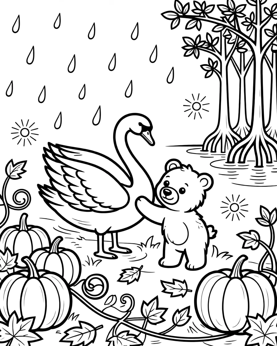 A swan dancing in the rain with a bear cub in a pumpkin patch in October, near a mangrove forest, with fireflies twinkling nearby.