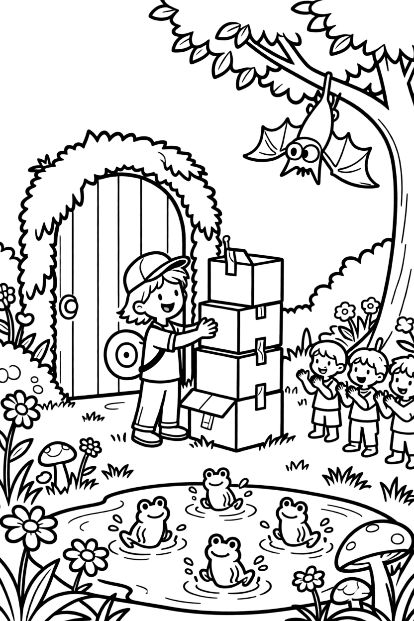 An energetic snail mail carrier is building a rocket out of cardboard boxes in a secret garden hidden behind a mossy gate, joined by a friendly bat hanging upside down nearby and a puddle full of jumping frogs. Everyone claps and cheers at the happy sight.
