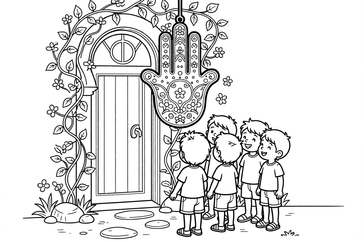 A coloring page showing a hand-shaped Hamsa charm hanging above a blue doorway in Tunisia, admired by a group of delighted children gathered close by.