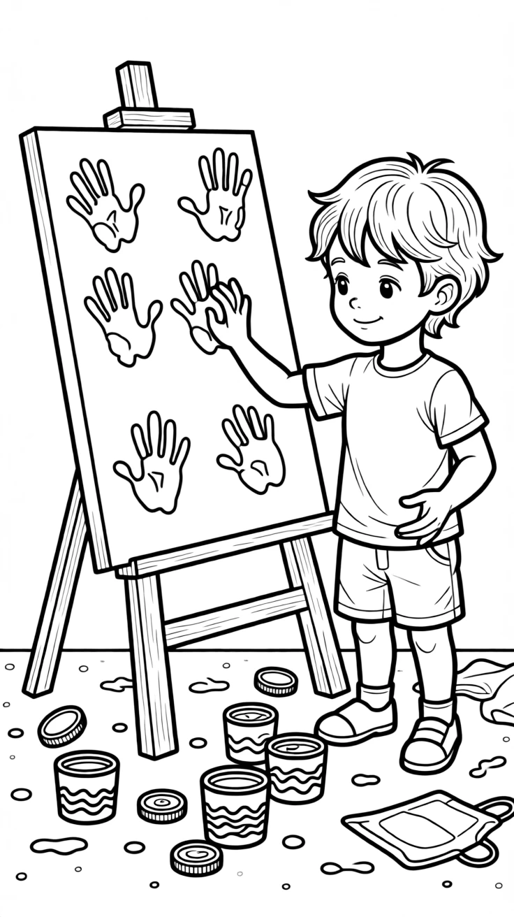 a shy little boy presses handprints in different colors of paint onto a large canvas.