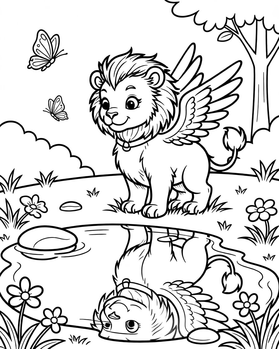 A baby griffin discovers its reflection in a puddle and puffs up proudly, mistaking it for a rival.