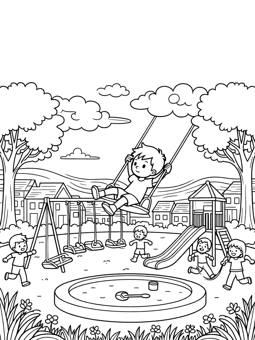 [Playgrounds] a child swinging high on a swing set swinging up toward the clouds at a colorful neighborhood playground, concentrating hard with a focused expression. Nearby, other children play happily nearby. Laughing friends add a cheerful mood. The scene is captured on a foggy morning, with heat waves shimmering in the distance, giving the page a lively and adventurous feel that invites plenty of colorful detail.