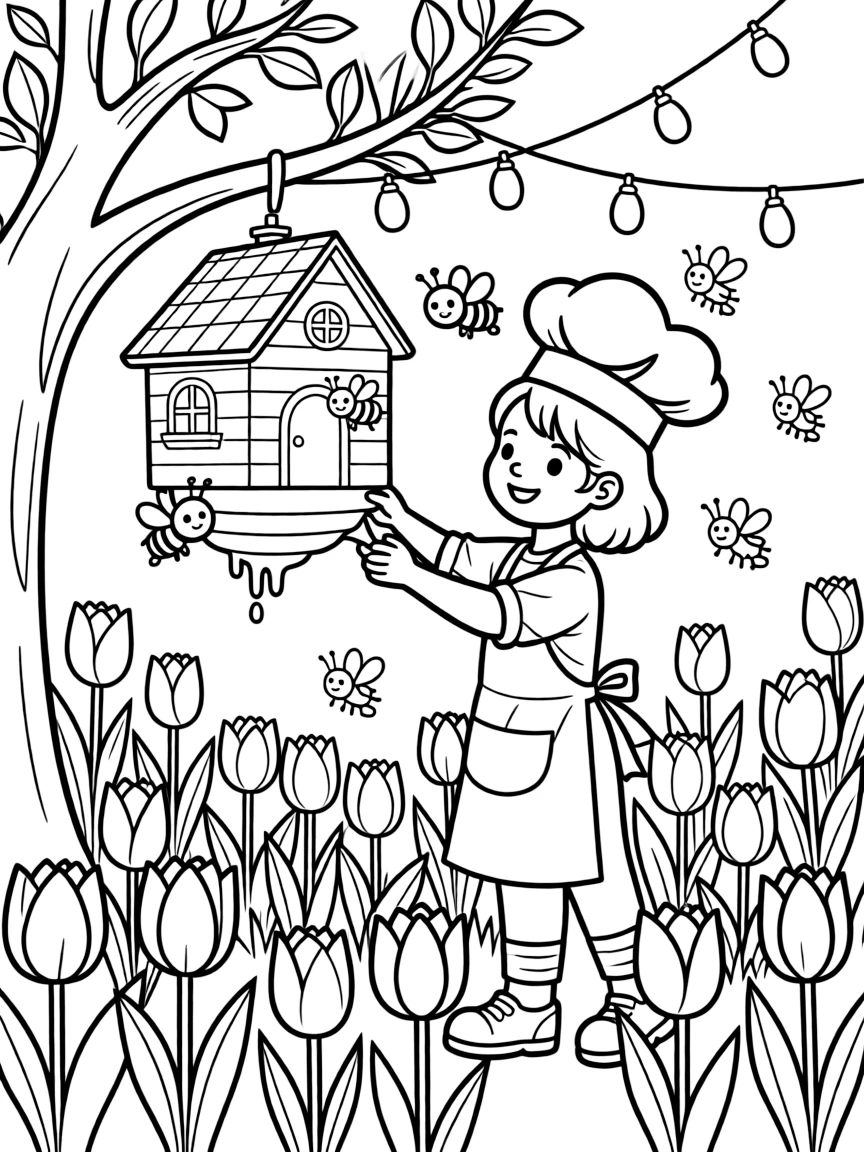 A girl baker in an apron and chef's hat is harvesting honey from a friendly beehive in a tulip field in full bloom. Scattered nearby, strings of fairy lights strung overhead and twinkling fireflies rising into the air give the moment a cozy feel.