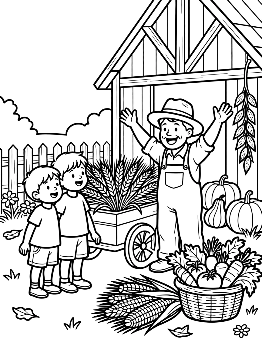A pair of giggling twins admiring a farmer celebrating beside a cart of fresh wheat at a rustic barn decorated with autumn produce, near a bundle of golden corn husks and a basket brimming with fresh vegetables.