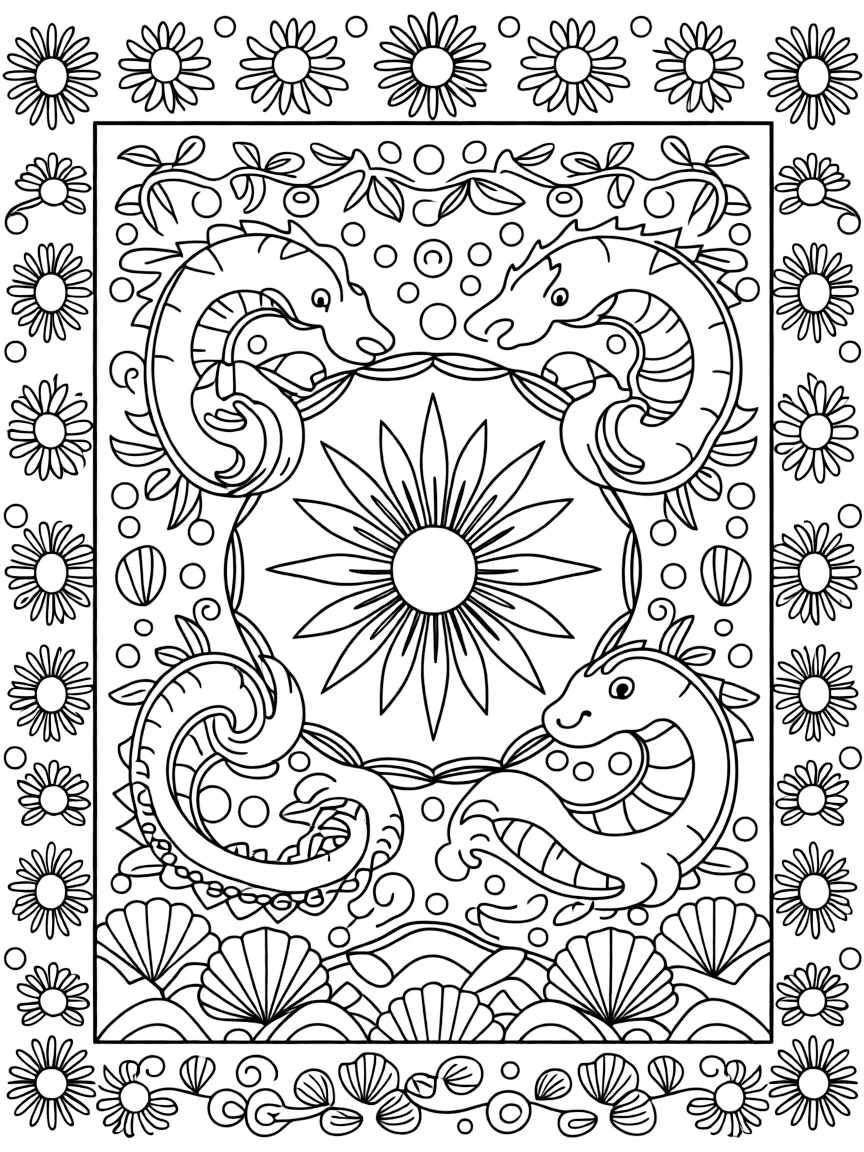Mythical & Fantasy Creatures: The page centers on a repeating motif of a sea dragon with a curling serpentine body, built around a sunburst mandala with rays spreading evenly outward. The motif is lined up along the top and bottom edges, mirrored by a matching row along the left and right sides. Decorative details fill the surrounding space, including clusters of round bubbles, twisting berry-vine garlands, and overlapping scalloped shells woven throughout the background. A playful extra touch completes the page: a cluster of small seashells scattered along the bottom border.