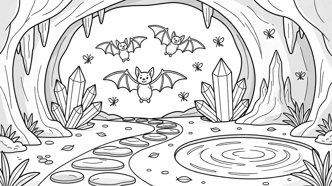 [Mystical Caves] A friendly bat colony flutters gently through a cavern lit by glowing blue crystals. Fireflies drift near the cave entrance, their light mixing with glowing crystals inside. A narrow stone path winds between rock formations toward a hidden underground chamber. Shimmering light reflects off the underground pool, filling the cave with sparkle.