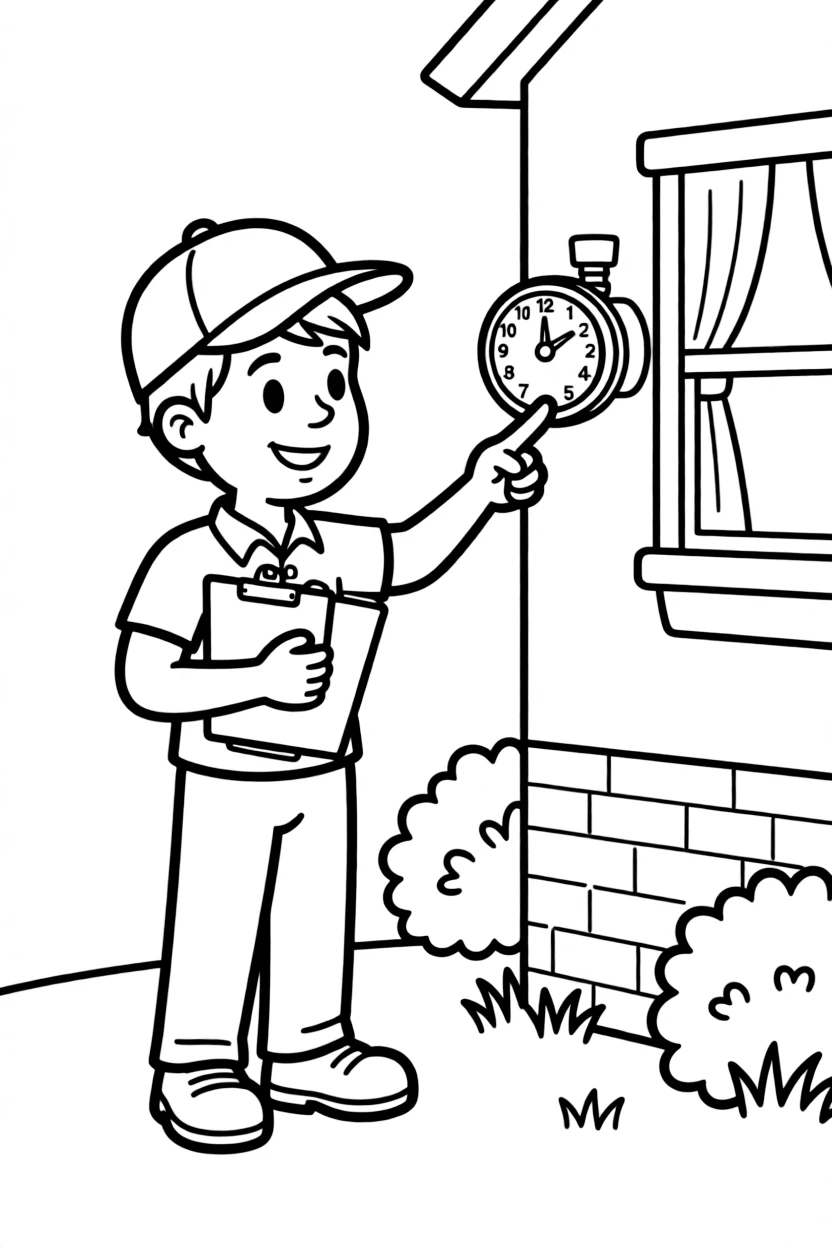 A water meter reader checks a dial on the side of a house with a clipboard.