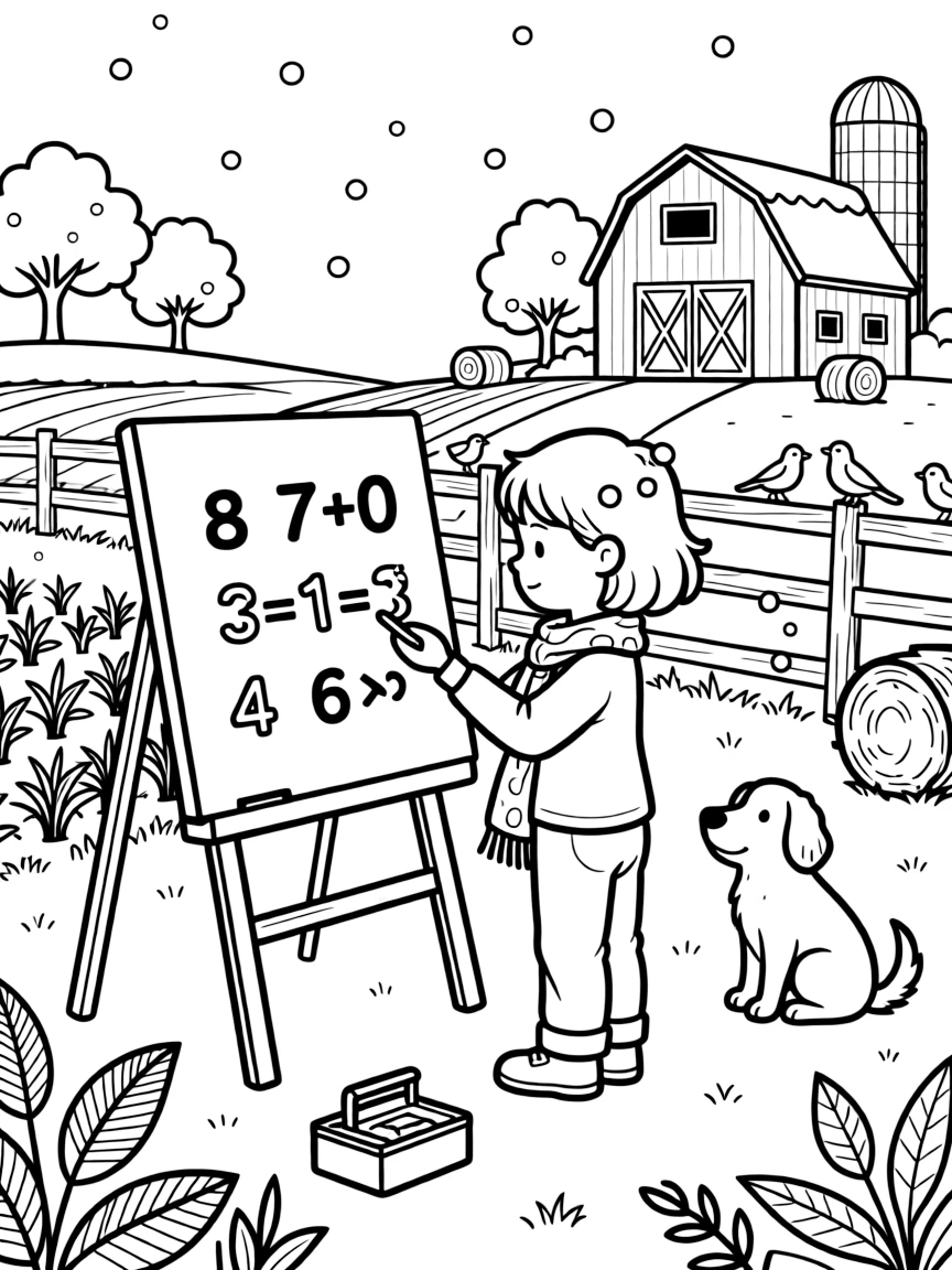 A little sister solving a math puzzle on the whiteboard at a farm field trip while snowflakes fall softly.