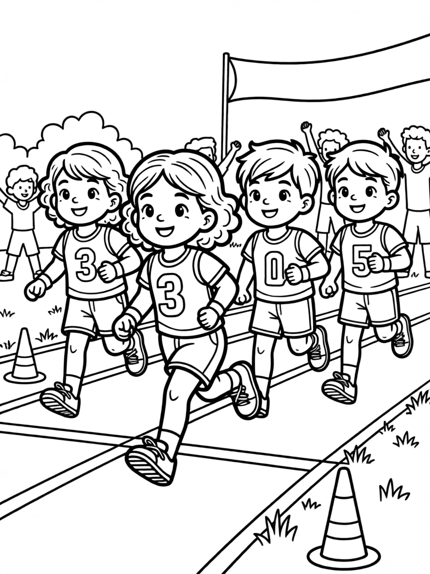 A little girl with curly hair, racing alongside three teammates in matching numbered jerseys.