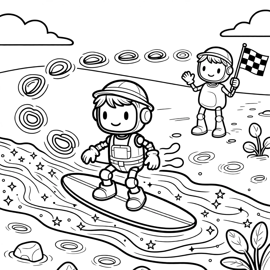 Nutsy, a robot gardener riding a jet-powered surfboard across a sea of liquid starlight, in a beach on a red planet with waves of shimmering dust, with a trail of glowing footprints leading into the distance and a friendly robot waving a checkered flag nearby.