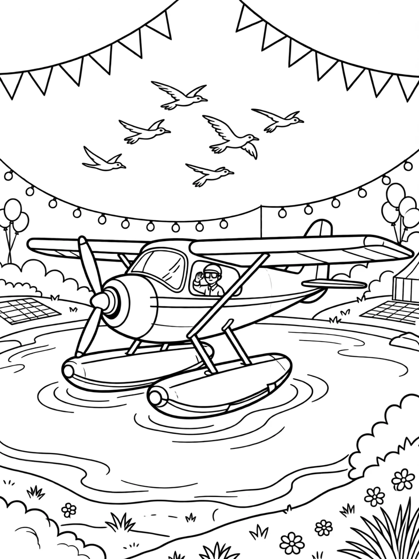 In this scene, a seaplane landing gently on a glassy lake is the star of a festival ground lit up with strings of colorful lights, joined by a brave pilot giving a salute from the cockpit, with a flock of birds flying alongside in formation and a string of triangle pennant flags overhead scattered throughout for kids to color.