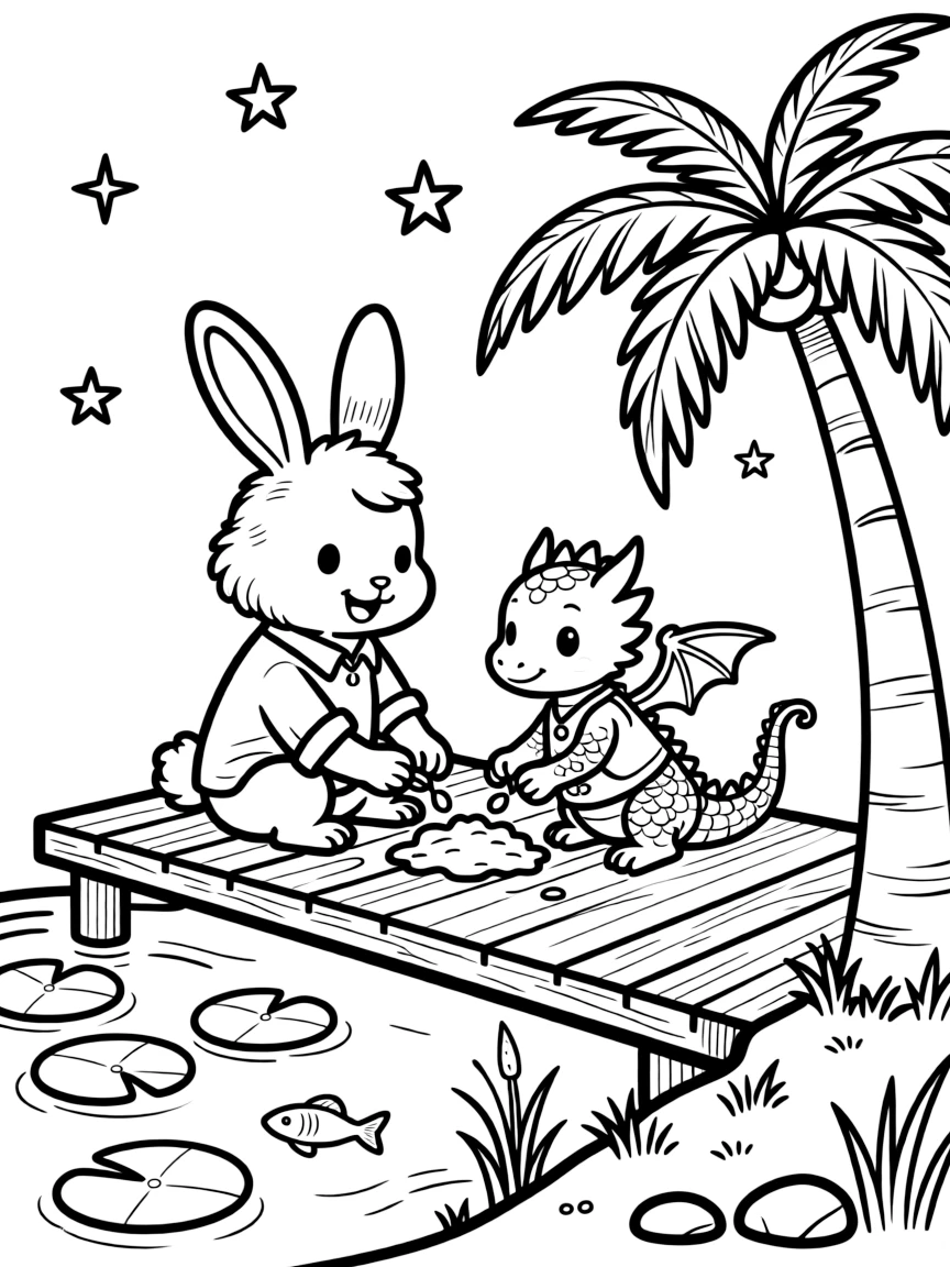 A fluffy bunny on a wooden dock over a pond, planting seeds together with a baby dragon, next to a tropical palm tree, as stars begin to twinkle above.