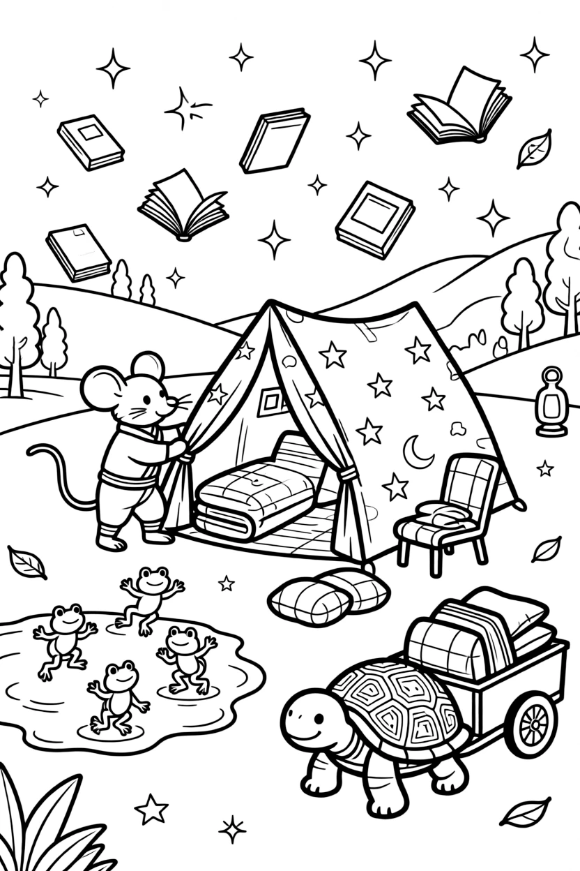 A bold ninja mouse is building a blanket fort shaped like a spaceship in a magical library where the books float and flutter, joined by a puddle full of jumping frogs and a cart pulled by a very determined turtle. Giggles echo happily through the whole valley.
