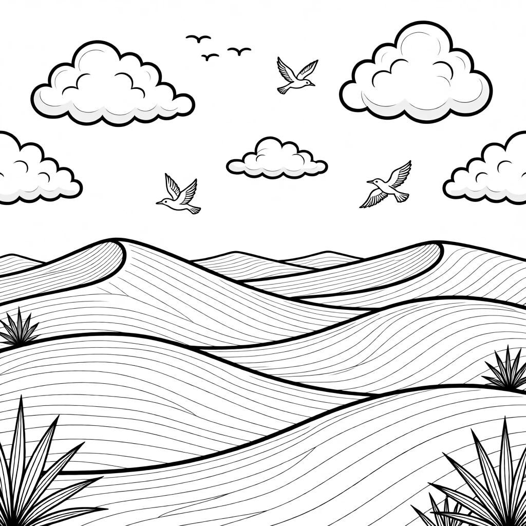 A coloring page celebrating Algeria featuring sweeping golden sand dunes stretching toward the horizon, with a few small birds in the sky and friendly clouds nearby.