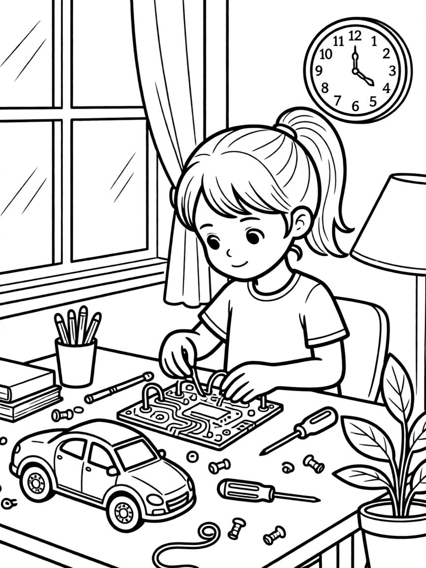 a thoughtful little girl connects wires on a circuit board to make a toy car zoom forward.