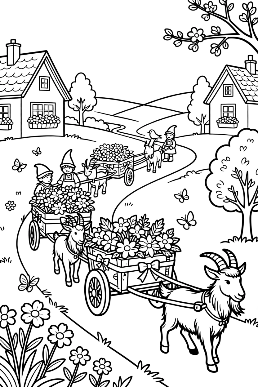 A dwarf village celebrates the return of spring with a parade of flower-covered carts pulled by shaggy mountain goats.