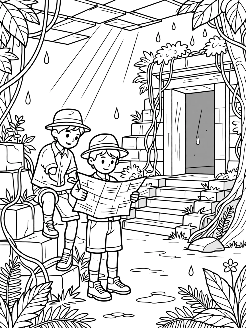 [Treasure Hunts] a treasure-hunting duo studying an old map climbing over vines to reach a lost ruin deep inside a jungle temple. In the background, vines and roots wrap around crumbling stone, adding extra fun to explore. Sunlight filters through cracks in the ceiling. It all happens at sunrise, with a light drizzle just ending.