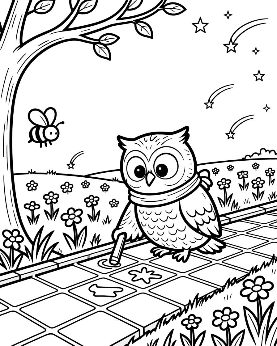 A wise little owl perched on a branch is drawing with colorful chalk on the sidewalk in a starlit meadow. a curious bumblebee buzzing among the blooms and twinkling fireflies rising into the air round out the happy picture.