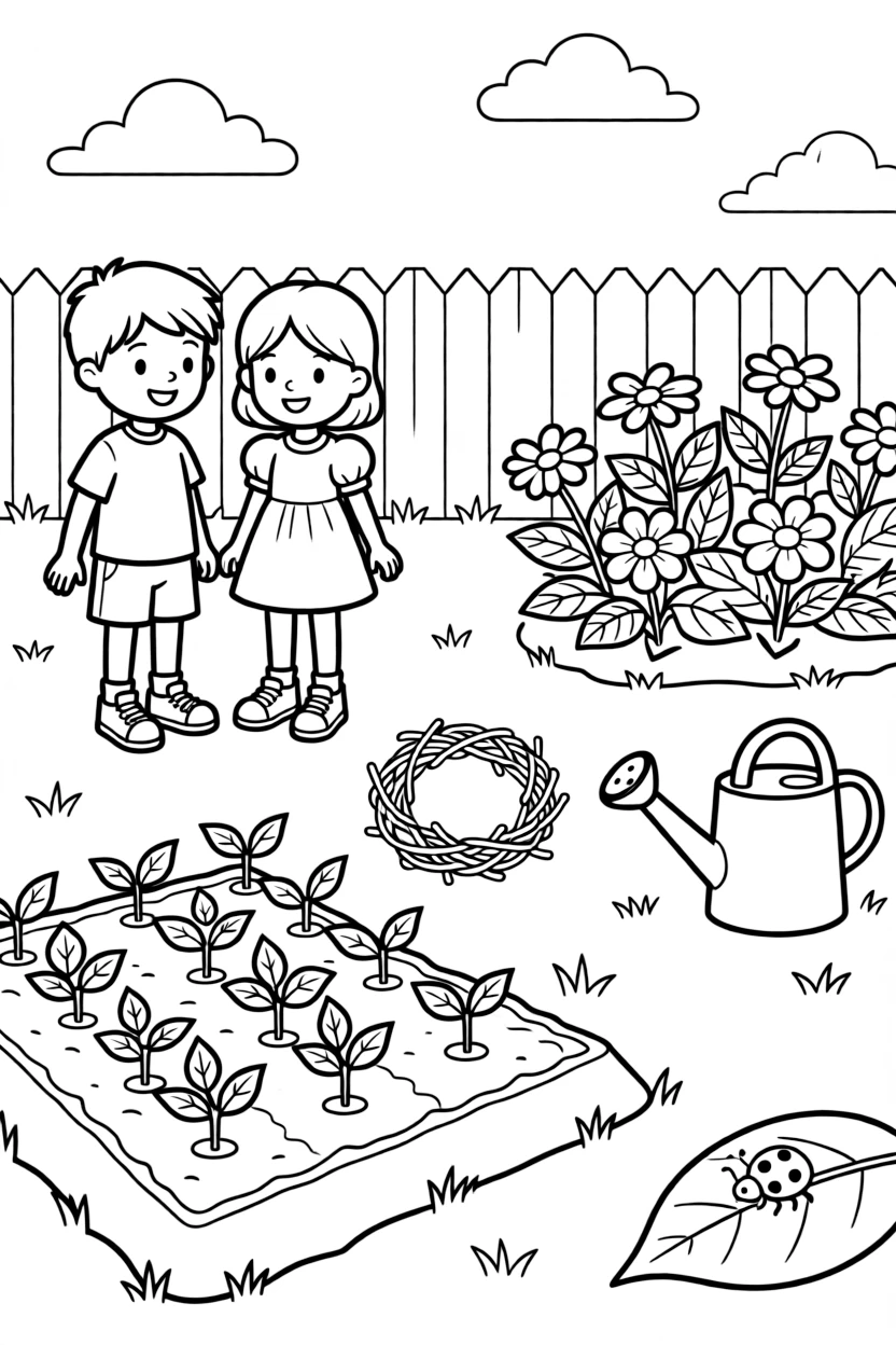 A wide view in a sunny backyard with a freshly planted vegetable patch, featuring willow branches woven into a small wreath, a pair of giggling twins, and a watering can beside a flower bed, with a ladybug crawling on a leaf nearby.