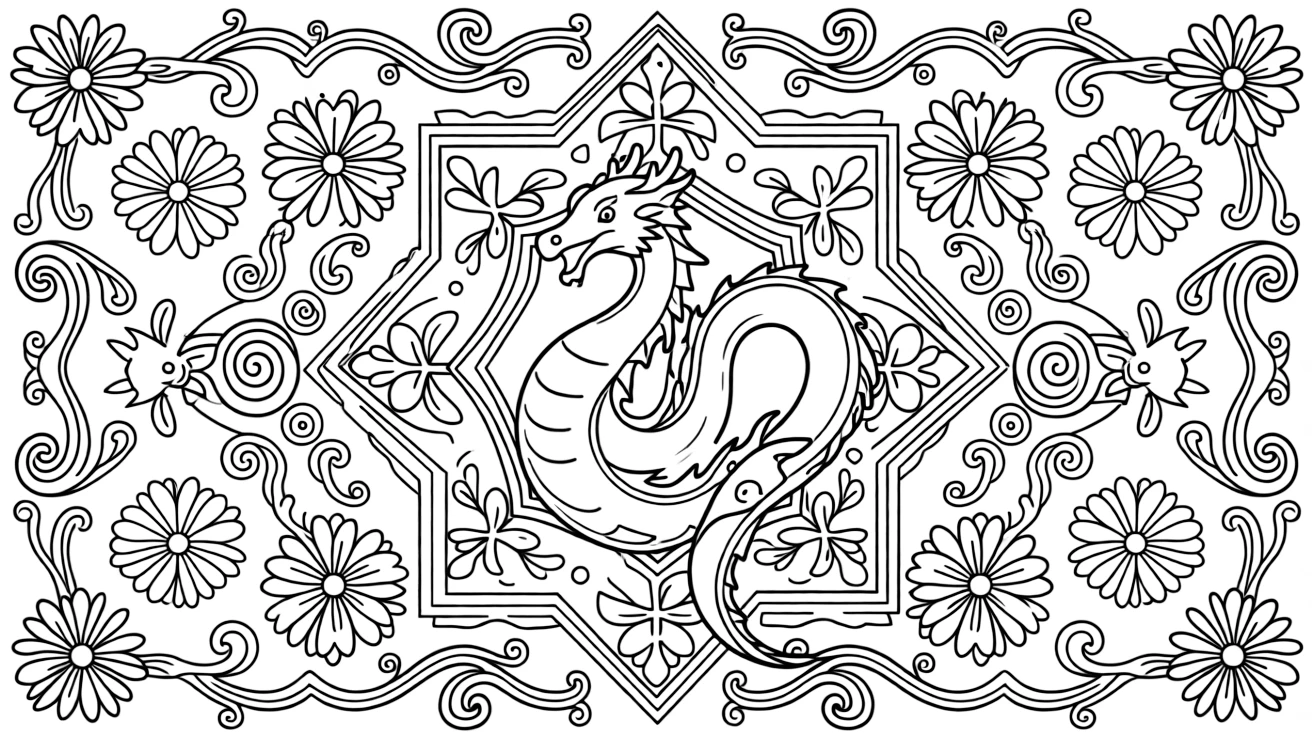 Mythical & Fantasy Creatures: The page presents a small themed scene built around a sea dragon with a curling serpentine body, tied together by a hexagon-based mandala built from six matching wedges. The scene is arranged in a mirrored scene, with matching elements balanced on the left and right halves of the page. Decorative details fill the surrounding space, including layered flower rosettes, swirling vine tendrils, and rows of curling wave shapes woven throughout the background. A playful extra touch completes the page: a curious little mouse peeking out from behind one of the shapes.
