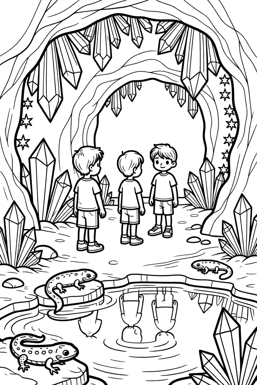 [Mystical Caves] A group of children discover a hidden cave filled with sparkling geode formations. Salamanders rest on damp stones near a pool reflecting the glow of crystal light. Glowing crystals embedded in the cave walls light the path like tiny stars. Soft blue light glows from the crystals, filling the cavern with a magical shimmer.