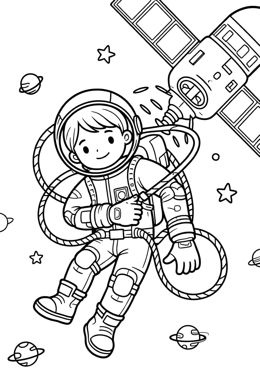 An astronaut floats weightlessly outside a space station, tethered by a long cable.