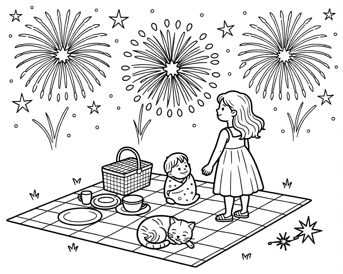 A girl in a sundress watching fireworks light up the sky during a Fourth of July picnic with a new baby sibling while a kitten naps in a sunny spot.