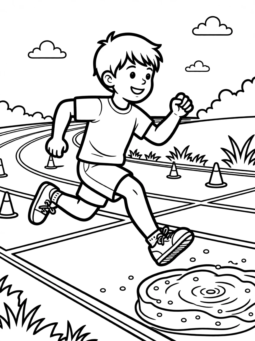 A cheerful young boy, sprinting down the runway before leaping into the sand pit with arms swinging forward.