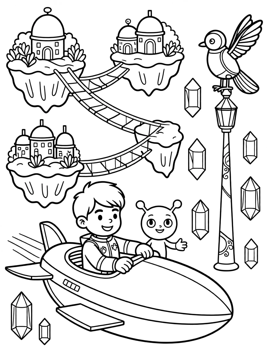Pilot Lumen zooming along on a jet-sled helping a shy alien make new friends at the intergalactic fair near a floating island chain connected by glowing rope bridges, surrounded by a robotic bird perched on a lamp post and a cluster of floating crystals humming softly.