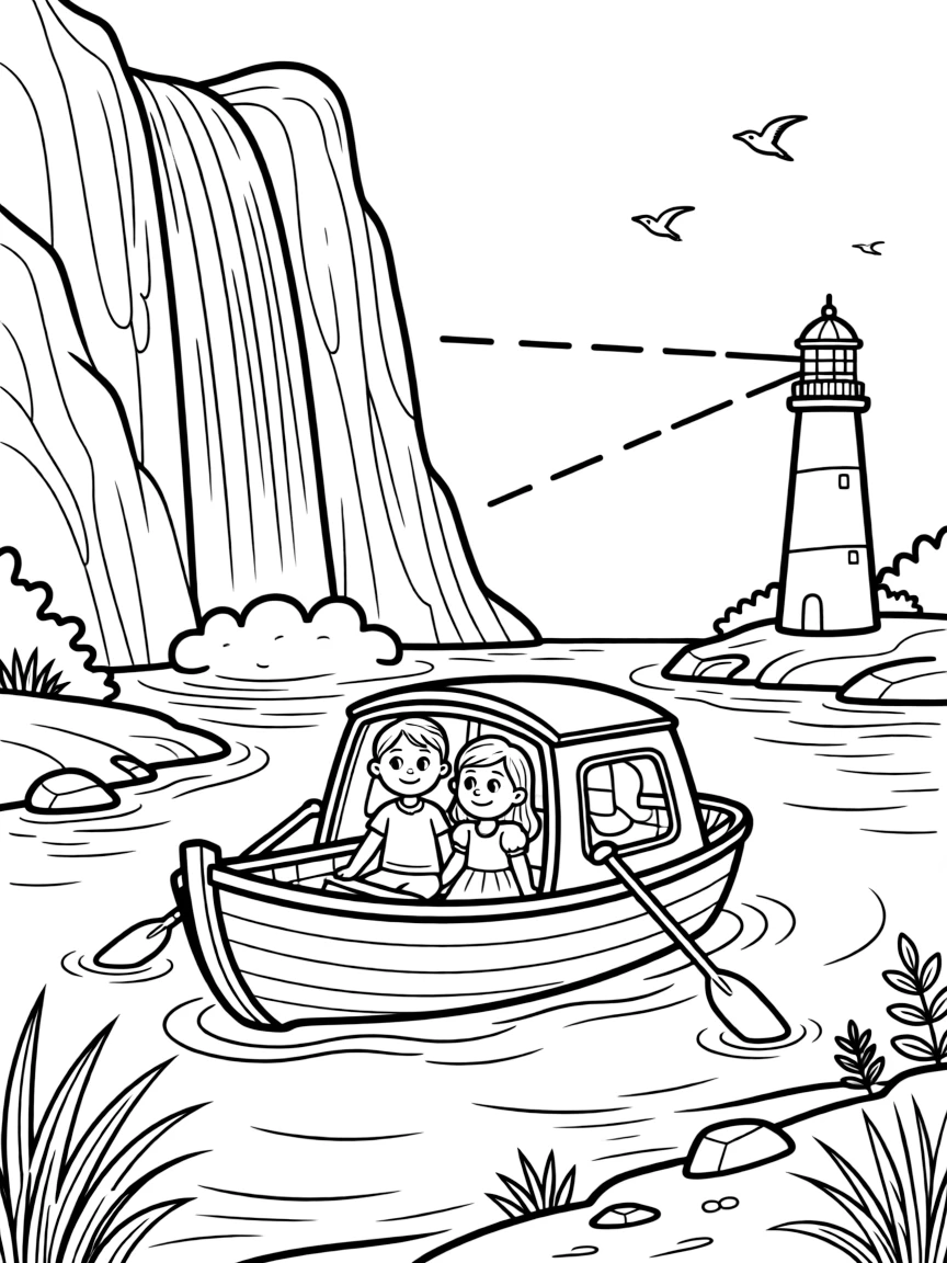This coloring page shows a wooden rowboat with oars resting on its sides making its way across a national park with towering waterfalls and rocky cliffs, accompanied by twin siblings pressing their faces to the window, while a lighthouse beam sweeping across the water adds extra charm to the scene.
