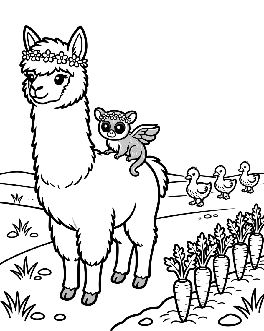 An alpaca at the edge of a sandy desert, wearing tiny flower crowns with a sugar glider, next to a row of carrots, with a family of ducklings following behind.