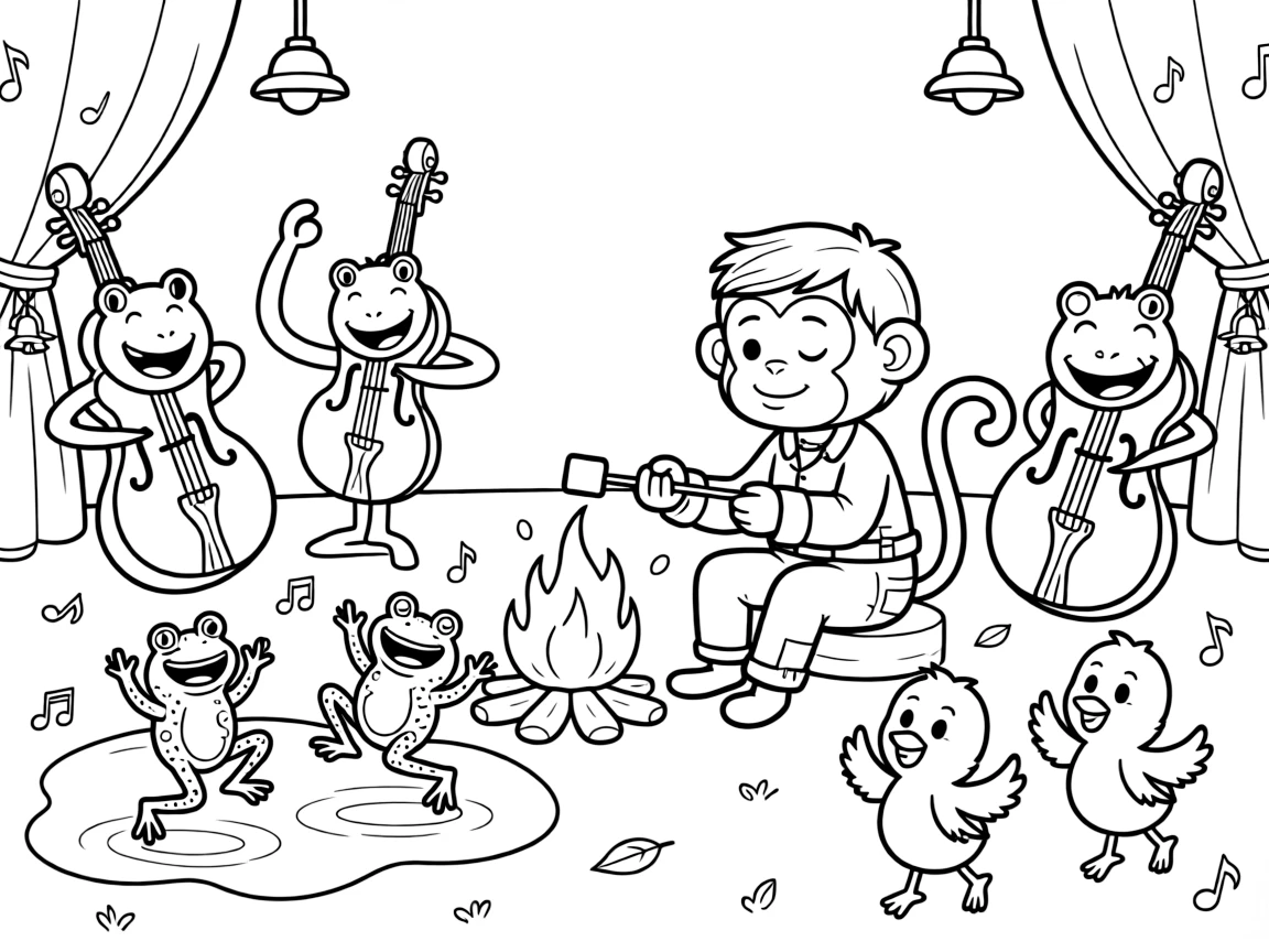 In a music hall filled with dancing instruments, a sleepy monkey acrobat is busy roasting marshmallows over a crackling campfire, cheered on by a puddle full of jumping frogs and a trio of giggling baby chicks. The whole scene bursts with joy and adventure.